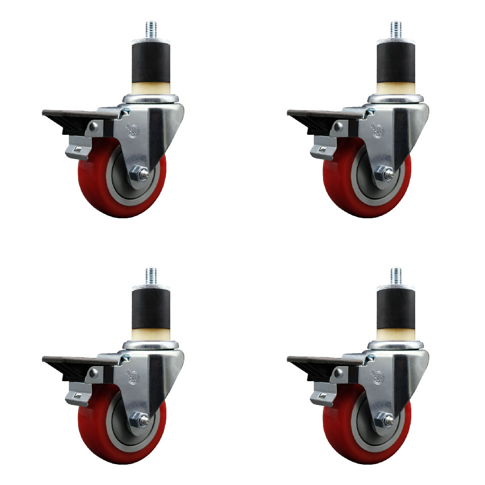 Polyurethane Swivel Expanding Stem Caster Set of 4 with 3.5 Inch Red Wheels and 1-7/8" Stems - Includes 4 Swivel with Posi Locking Brakes - 300 lbs. Capacity Per Caster - Service Caster Brand — photo 1