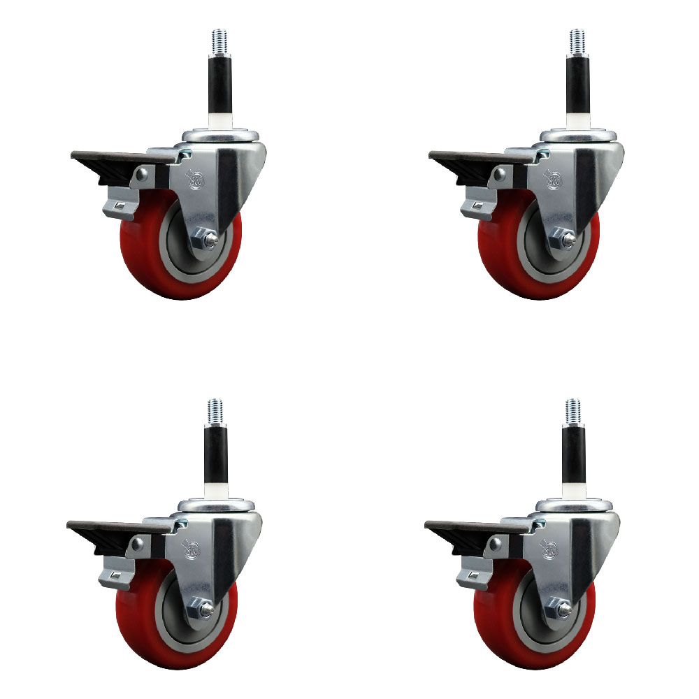 Polyurethane Swivel Expanding Stem Caster Set of 4 with 3.5 Inch Red Wheels and 7/8" Stems - Includes 4 Swivel with Posi Locking Brakes - 300 lbs. Capacity Per Caster - Service Caster Brand — photo 1