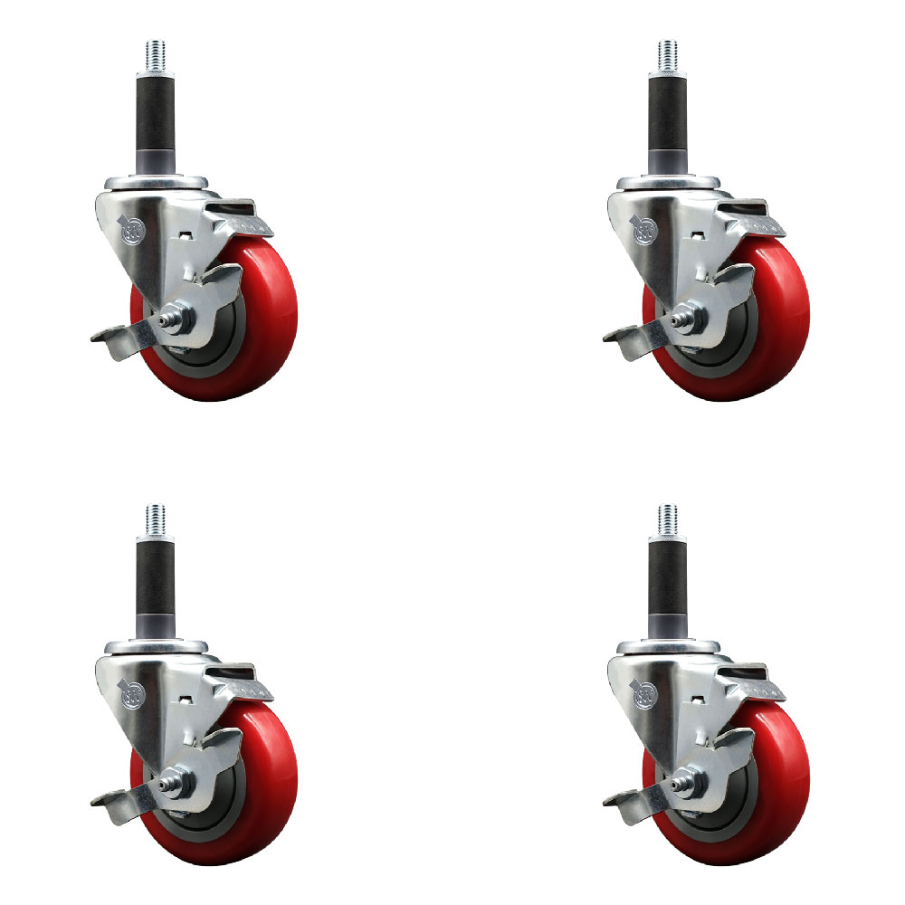 Stainless Steel Polyurethane Swivel Expanding Stem Caster Set of 4 with 3.5 Inch Red Wheels and 1" Stems - 4 Swivel with Top Locking Brakes - 300 lbs. Capacity Per Caster - Service Caster Brand — photo 1