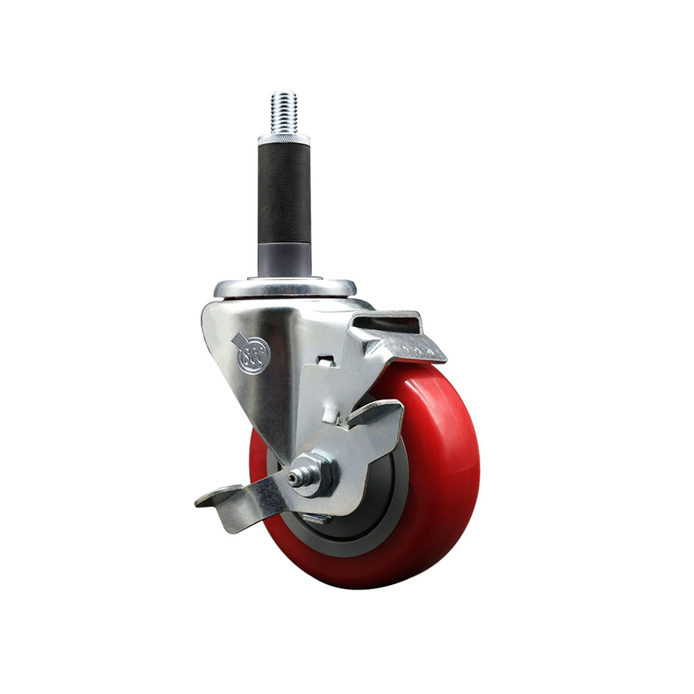 Stainless Steel Polyurethane Expanding Stem Swivel Caster with 3.5 Inch Red Wheel and 1" Stem & Top Locking Brake - 300 lbs. Capacity Per Caster - Service Caster Brand — photo 1
