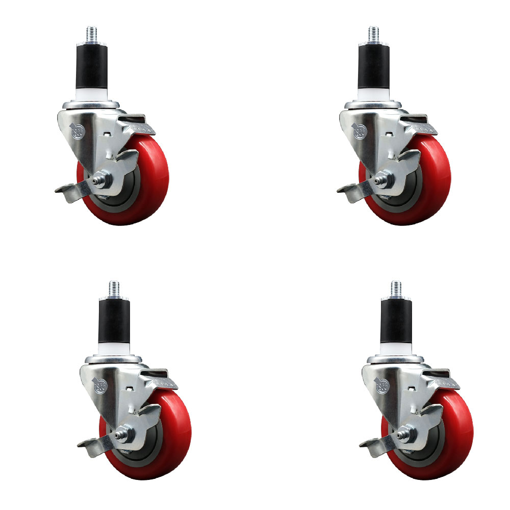 Stainless Steel Polyurethane Swivel Expanding Stem Caster Set of 4 with 3.5 Inch Red Wheels and 1-1/2" Stems - 4 Swivel with Top Locking Brakes - 300 lbs. Capacity Per Caster - Service Caster Brand — photo 1