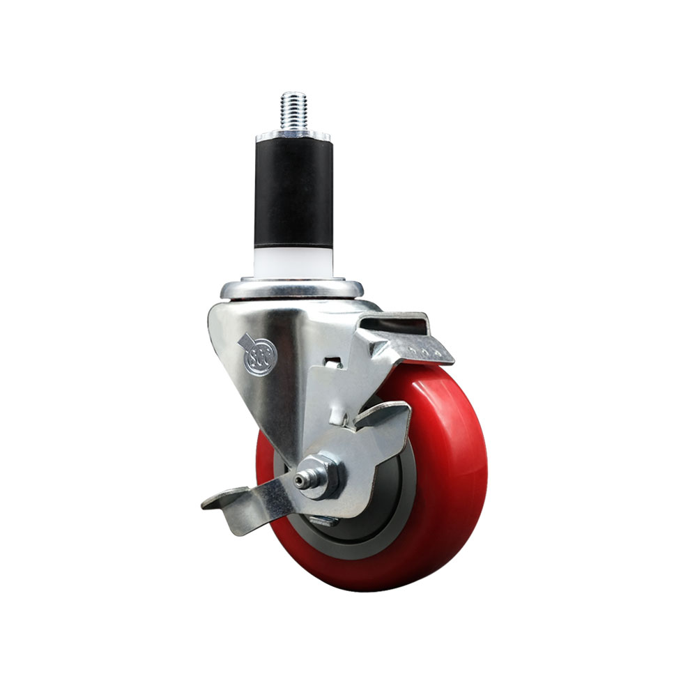 Stainless Steel Polyurethane Expanding Stem Swivel Caster with 3.5 Inch Red Wheel and 1-1/2" Stem & Top Locking Brake - 300 lbs. Capacity Per Caster - Service Caster Brand — photo 1