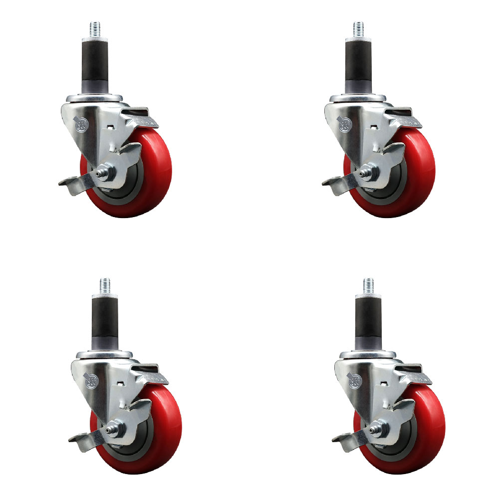 Polyurethane Swivel Expanding Stem Caster Set of 4 with 3.5 Inch Red Wheels and 1-1/4" Stems - Includes 4 Swivel with Top Locking Brakes - 300 lbs. Capacity Per Caster - Service Caster Brand — photo 1