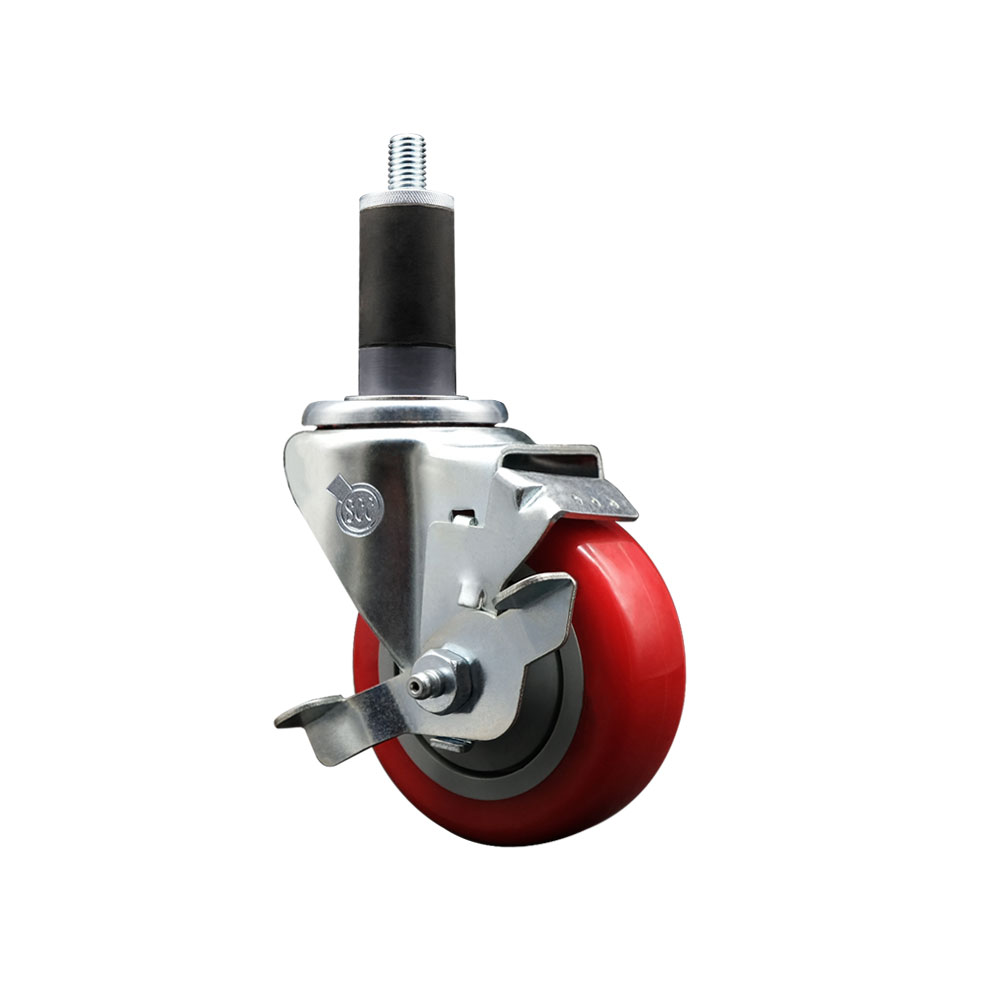 Polyurethane Expanding Stem Swivel Caster with 3.5 Inch Red Wheel and 1-1/4" Stem & Top Locking Brake - 300 lbs. Capacity Per Caster - Service Caster Brand — photo 1