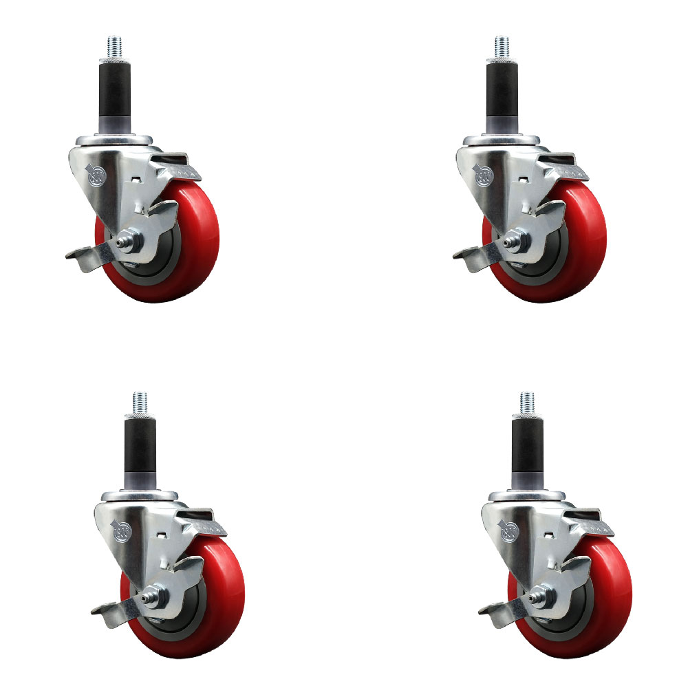 Stainless Steel Polyurethane Swivel Expanding Stem Caster Set of 4 with 3.5 Inch Red Wheels and 1-1/8" Stems - 4 Swivel with Top Locking Brakes - 300 lbs. Capacity Per Caster - Service Caster Brand — photo 1