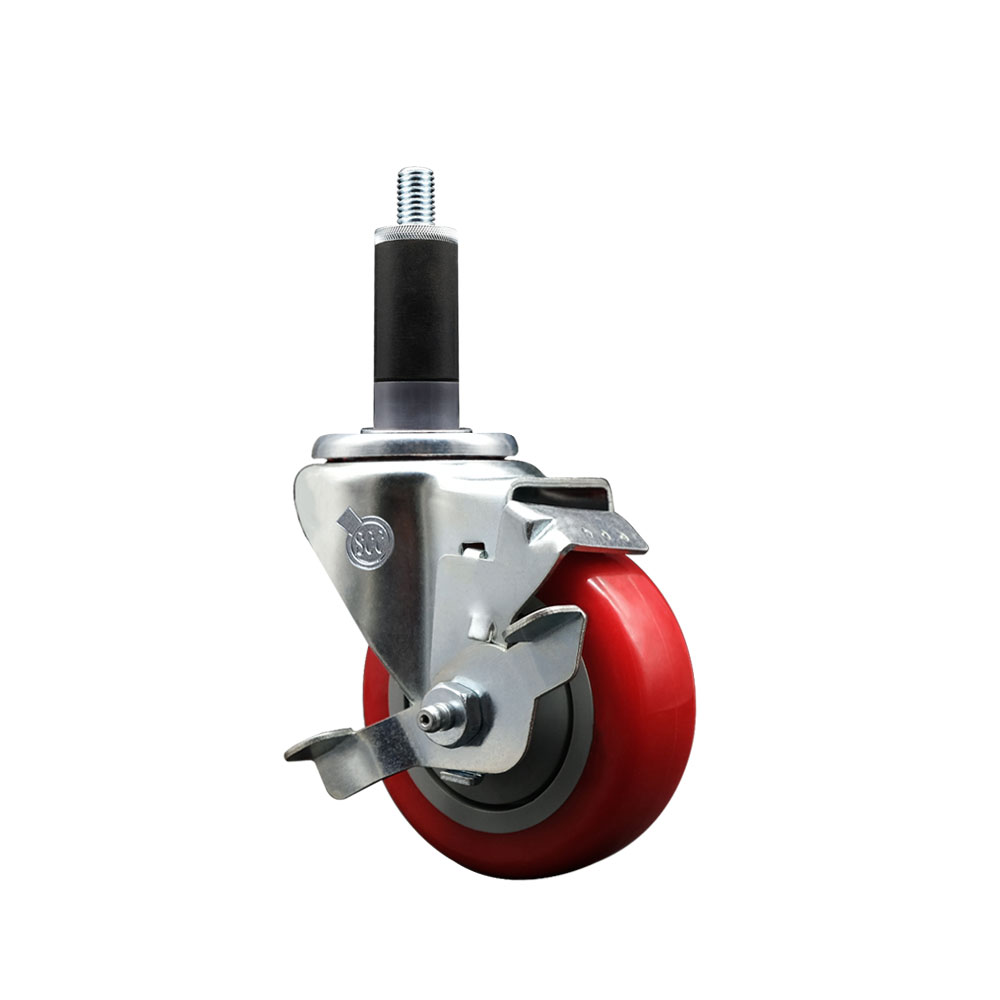 Stainless Steel Polyurethane Expanding Stem Swivel Caster with 3.5 Inch Red Wheel and 1-1/8" Stem & Top Locking Brake - 300 lbs. Capacity Per Caster - Service Caster Brand — photo 1