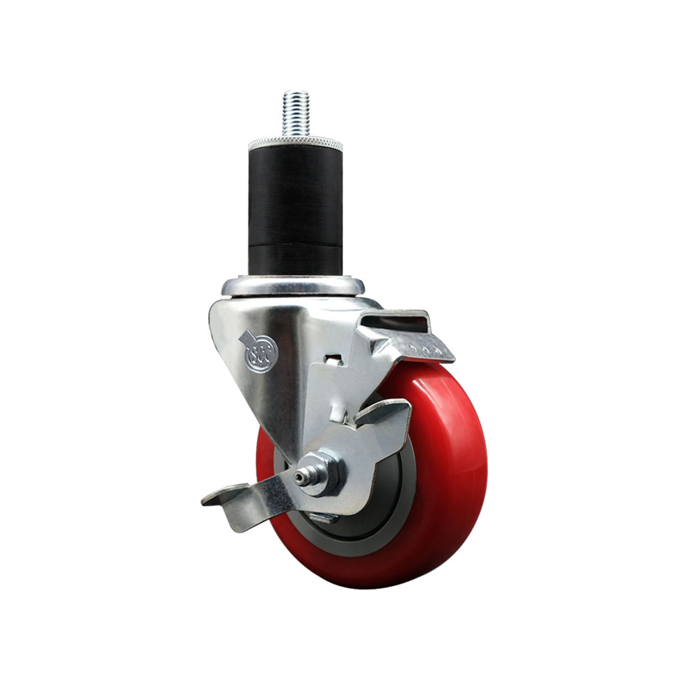 Stainless Steel Polyurethane Expanding Stem Swivel Caster with 3.5 Inch Red Wheel and 1-3/4" Stem & Top Locking Brake - 300 lbs. Capacity Per Caster - Service Caster Brand — photo 1