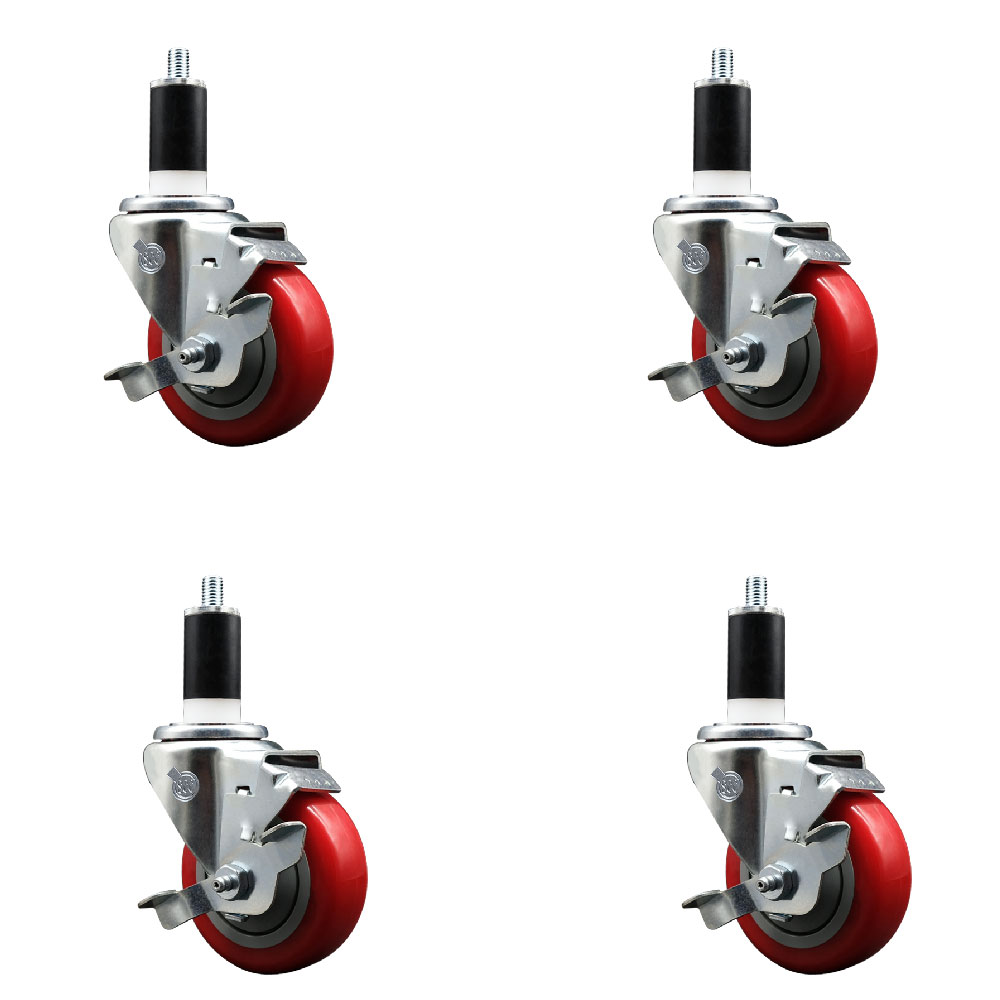 Polyurethane Swivel Expanding Stem Caster Set of 4 with 3.5 Inch Red Wheels and 1-3/8" Stems - Includes 4 Swivel with Top Locking Brakes - 300 lbs. Capacity Per Caster - Service Caster Brand — photo 1