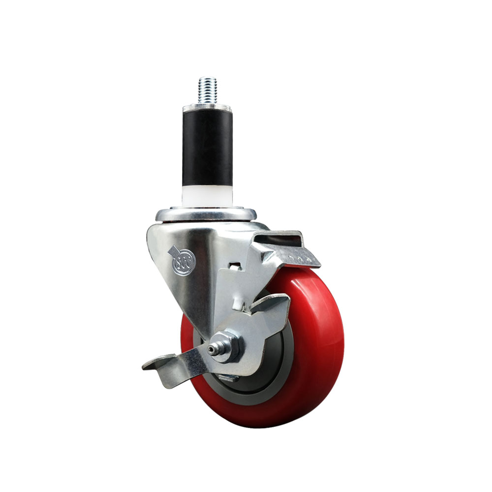 Stainless Steel Polyurethane Expanding Stem Swivel Caster with 3.5 Inch Red Wheel and 1-3/8" Stem & Top Locking Brake - 300 lbs. Capacity Per Caster - Service Caster Brand — photo 1