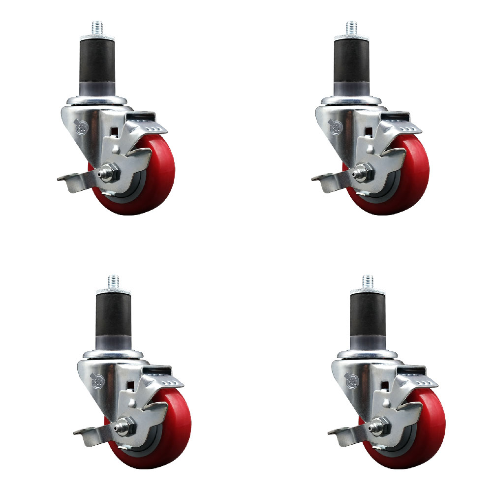 Stainless Steel Polyurethane Swivel Expanding Stem Caster Set of 4 with 3.5 Inch Red Wheels and 1-5/8" Stems - 4 Swivel with Top Locking Brakes - 300 lbs. Capacity Per Caster - Service Caster Brand — photo 1