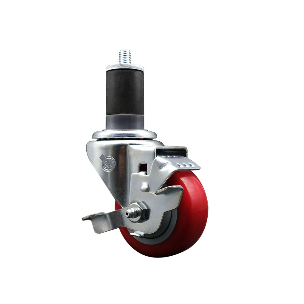Stainless Steel Polyurethane Expanding Stem Swivel Caster with 3.5 Inch Red Wheel and 1-5/8" Stem & Top Locking Brake - 300 lbs. Capacity Per Caster - Service Caster Brand — photo 1