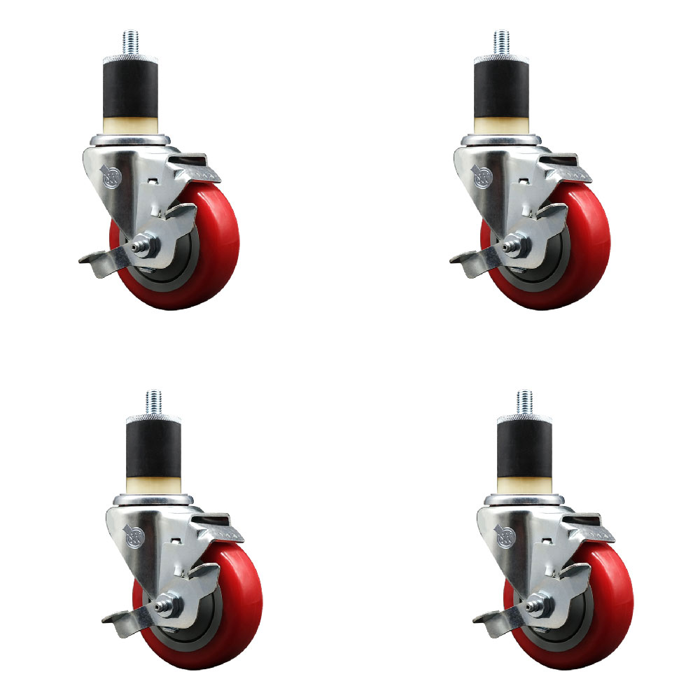 Polyurethane Swivel Expanding Stem Caster Set of 4 with 3.5 Inch Red Wheels and 1-7/8" Stems - Includes 4 Swivel with Top Locking Brakes - 300 lbs. Capacity Per Caster - Service Caster Brand — photo 1
