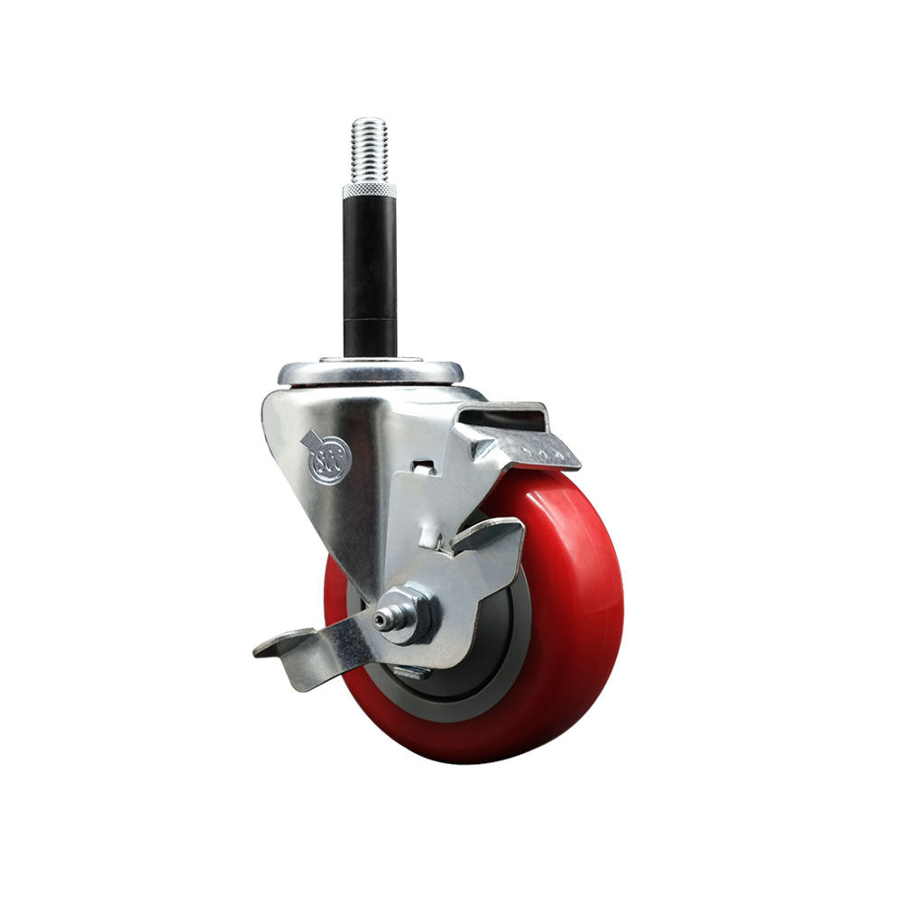 Stainless Steel Polyurethane Expanding Stem Swivel Caster with 3.5 Inch Red Wheel and 3/4" Stem & Top Locking Brake - 300 lbs. Capacity Per Caster - Service Caster Brand — photo 1