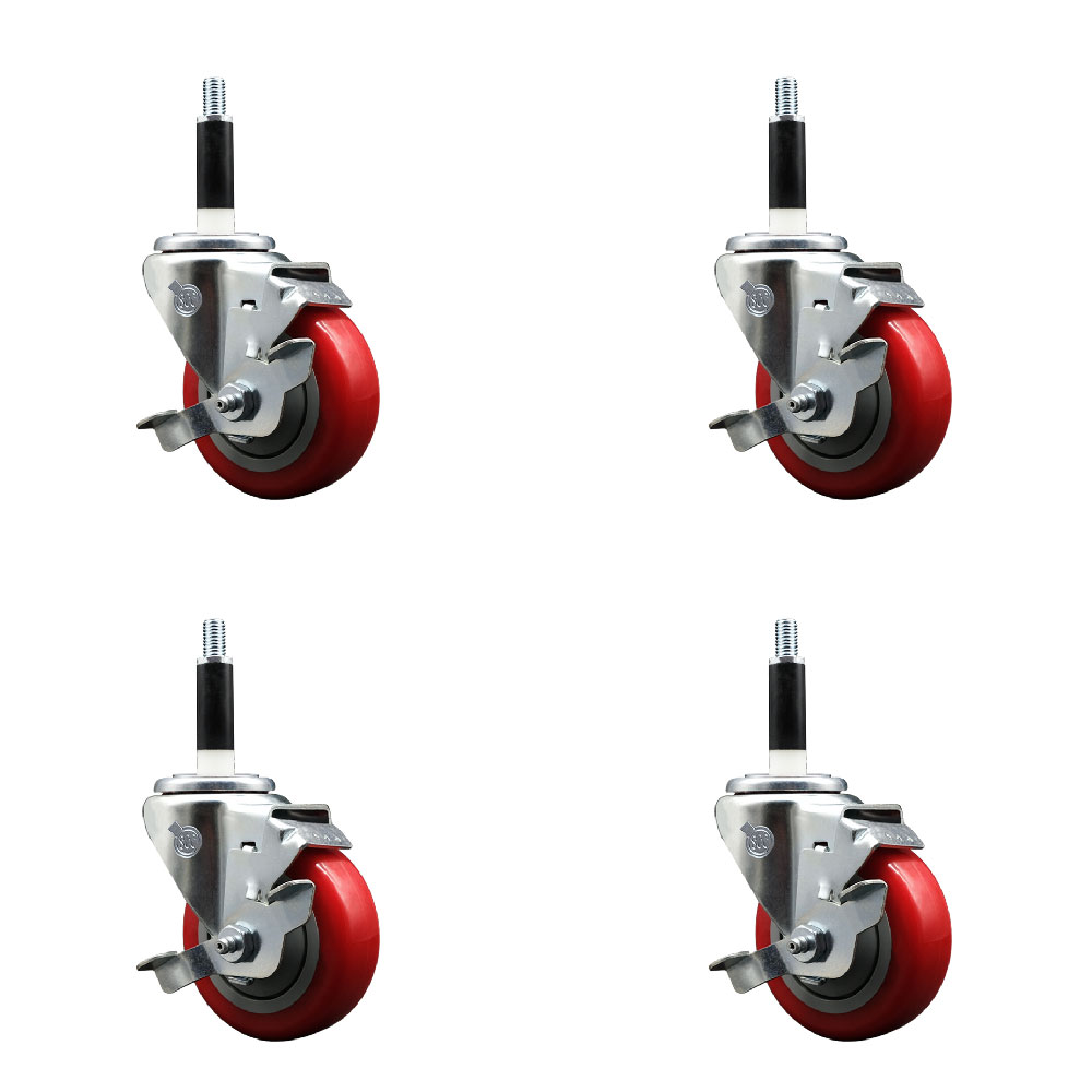 Polyurethane Swivel Expanding Stem Caster Set of 4 with 3.5 Inch Red Wheels and 7/8" Stems - Includes 4 Swivel with Top Locking Brakes - 300 lbs. Capacity Per Caster - Service Caster Brand — photo 1