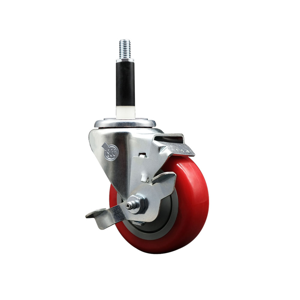 Stainless Steel Polyurethane Expanding Stem Swivel Caster with 3.5 Inch Red Wheel and 7/8" Stem & Top Locking Brake - 300 lbs. Capacity Per Caster - Service Caster Brand — photo 1