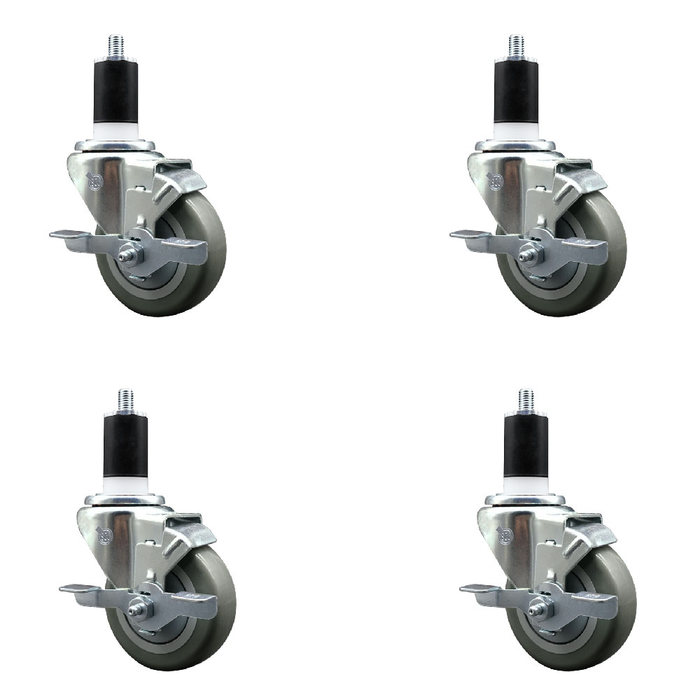 Stainless Steel Polyurethane Swivel Expanding Stem Caster Set of 4 with 3.5 Inch Gray Wheels and 1-1/2" Stems - 4 Swivel with Top Locking Brakes - 300 lbs. Capacity Per Caster - Service Caster Brand — photo 1