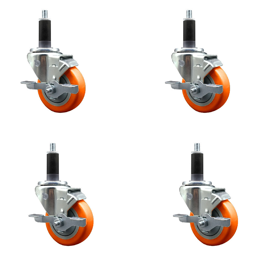 Stainless Steel Polyurethane Swivel Expanding Stem Caster Set of 4 with 3.5 Inch Orange Wheels and 1-1/8" Stems-Include 4 Swivel with Top Locking Brake-300lbs. Capacity Per Caster-Service Caster Brand — photo 1