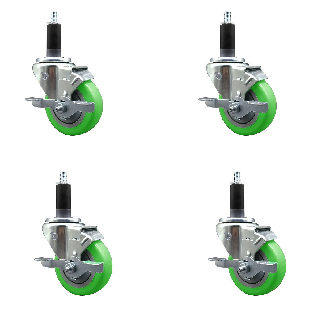 Stainless Steel Polyurethane Swivel Expanding Stem Caster Set of 4 with 3.5 Inch Green Wheels and 1-1/8" Stems-Includes 4 Swivel with Top Locking Brake-300lbs. Capacity Per Caster-Service Caster Brand — photo 1