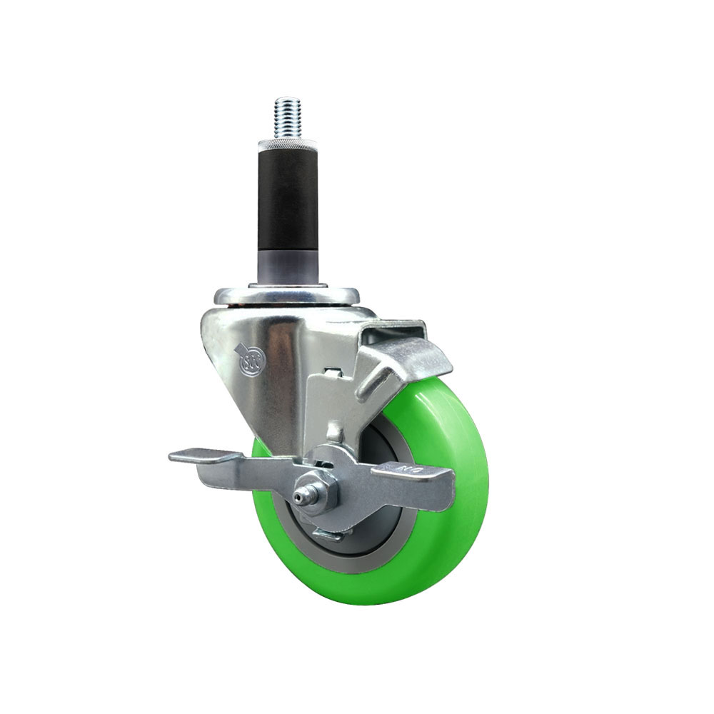 Stainless Steel Polyurethane Expanding Stem Swivel Caster with 3.5 Inch Green Wheel and 1-1/8" Stem & Top Locking Brake - 300 lbs. Capacity Per Caster - Service Caster Brand — photo 1
