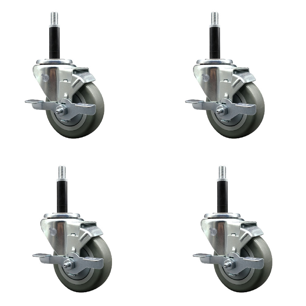 Stainless Steel Polyurethane Swivel Expanding Stem Caster Set of 4 with 3.5 Inch Gray Wheels and 3/4" Stems - 4 Swivel with Top Locking Brakes - 300 lbs. Capacity Per Caster - Service Caster Brand — photo 1