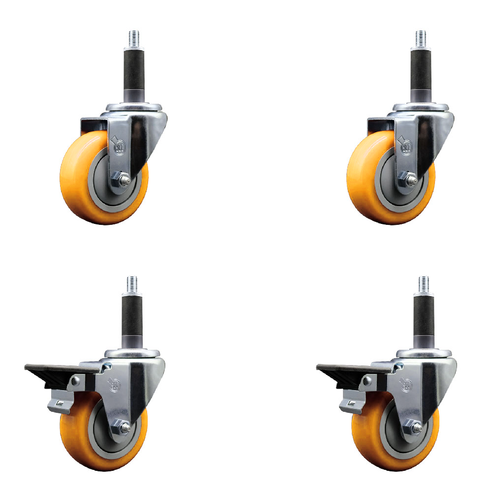 Polyurethane Swivel Expanding Stem Caster Set of 4 with 3.5 Inch Yellow Wheels and 1" Stems - Includes 2 with Posi Locking Brakes - 1200 lbs Total Capacity - Service Caster Brand — photo 1