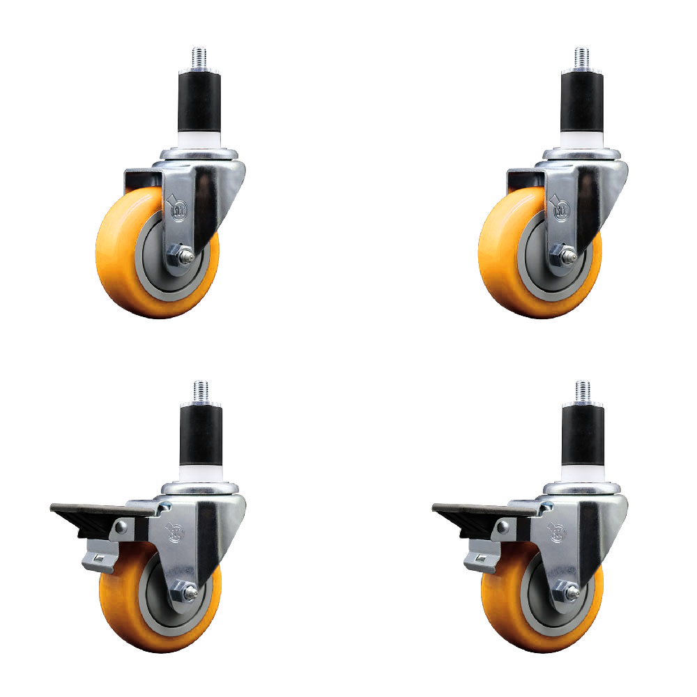 Polyurethane Swivel Expanding Stem Caster Set of 4 with 3.5 Inch Yellow Wheels and 1-1/2" Stems - Includes 2 with Posi Locking Brakes - 1200 lbs Total Capacity - Service Caster Brand — photo 1