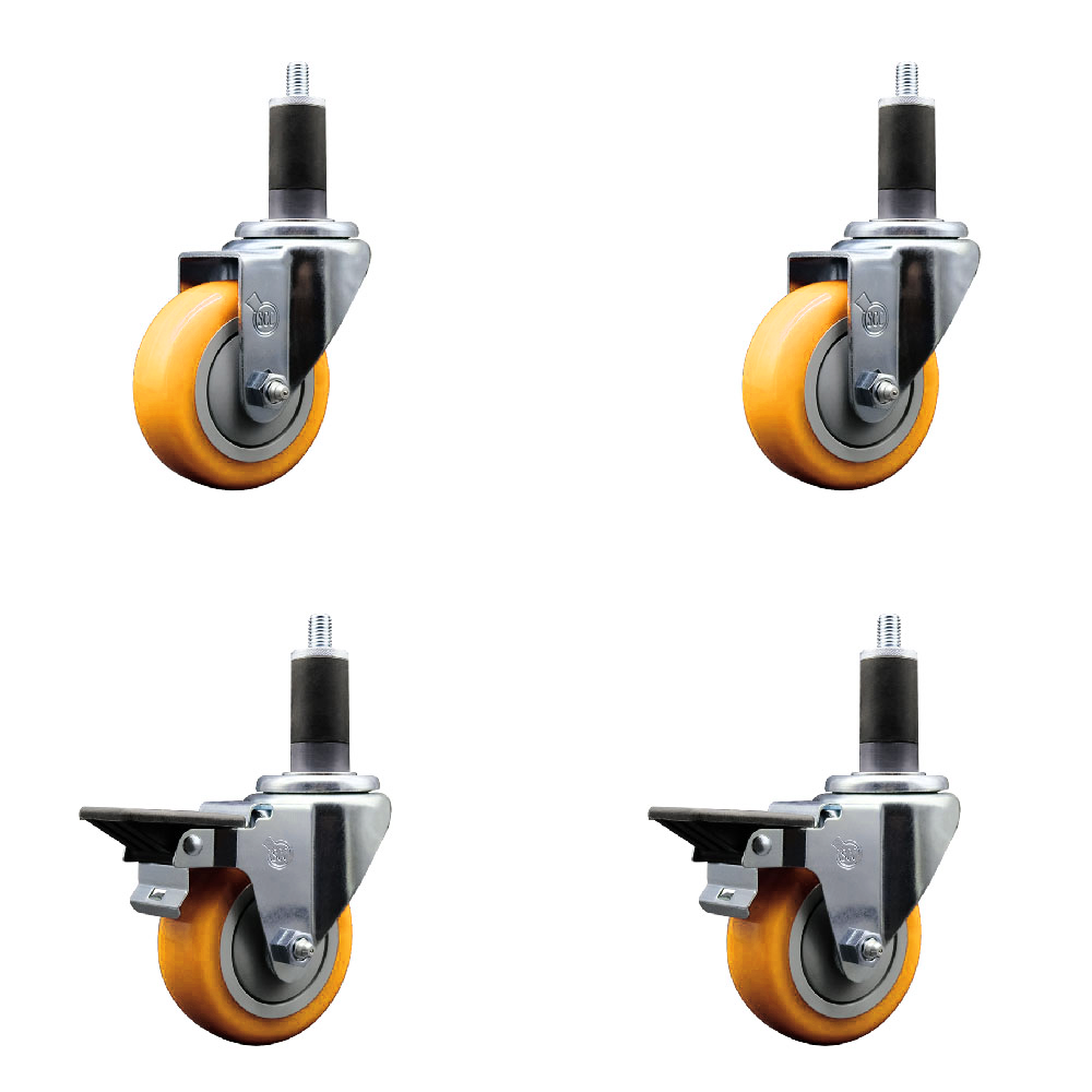 Polyurethane Swivel Expanding Stem Caster Set of 4 with 3.5 Inch Yellow Wheels and 1-1/4" Stems - Includes 2 with Posi Locking Brakes - 1200 lbs Total Capacity - Service Caster Brand — photo 1
