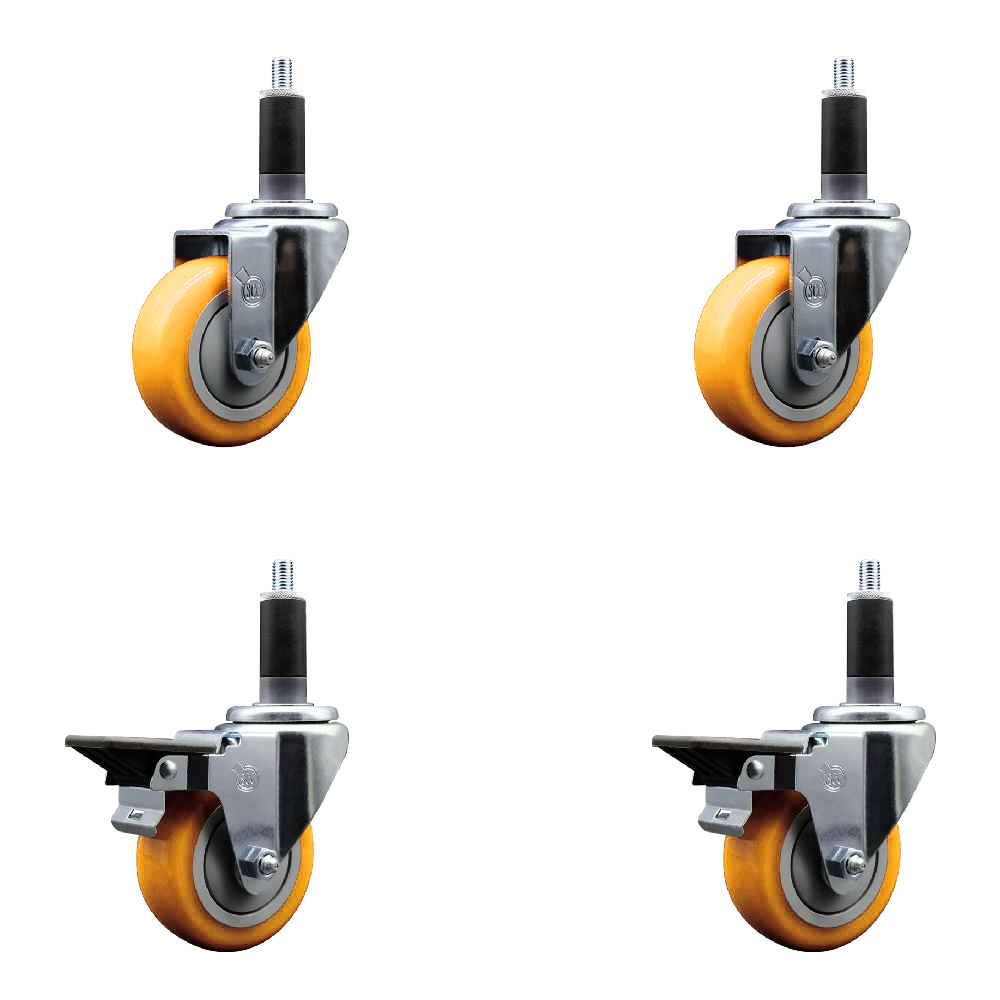 Polyurethane Swivel Expanding Stem Caster Set of 4 with 3.5 Inch Yellow Wheels and 1-1/8" Stems - Includes 2 with Posi Locking Brakes - 1200 lbs Total Capacity - Service Caster Brand — photo 1