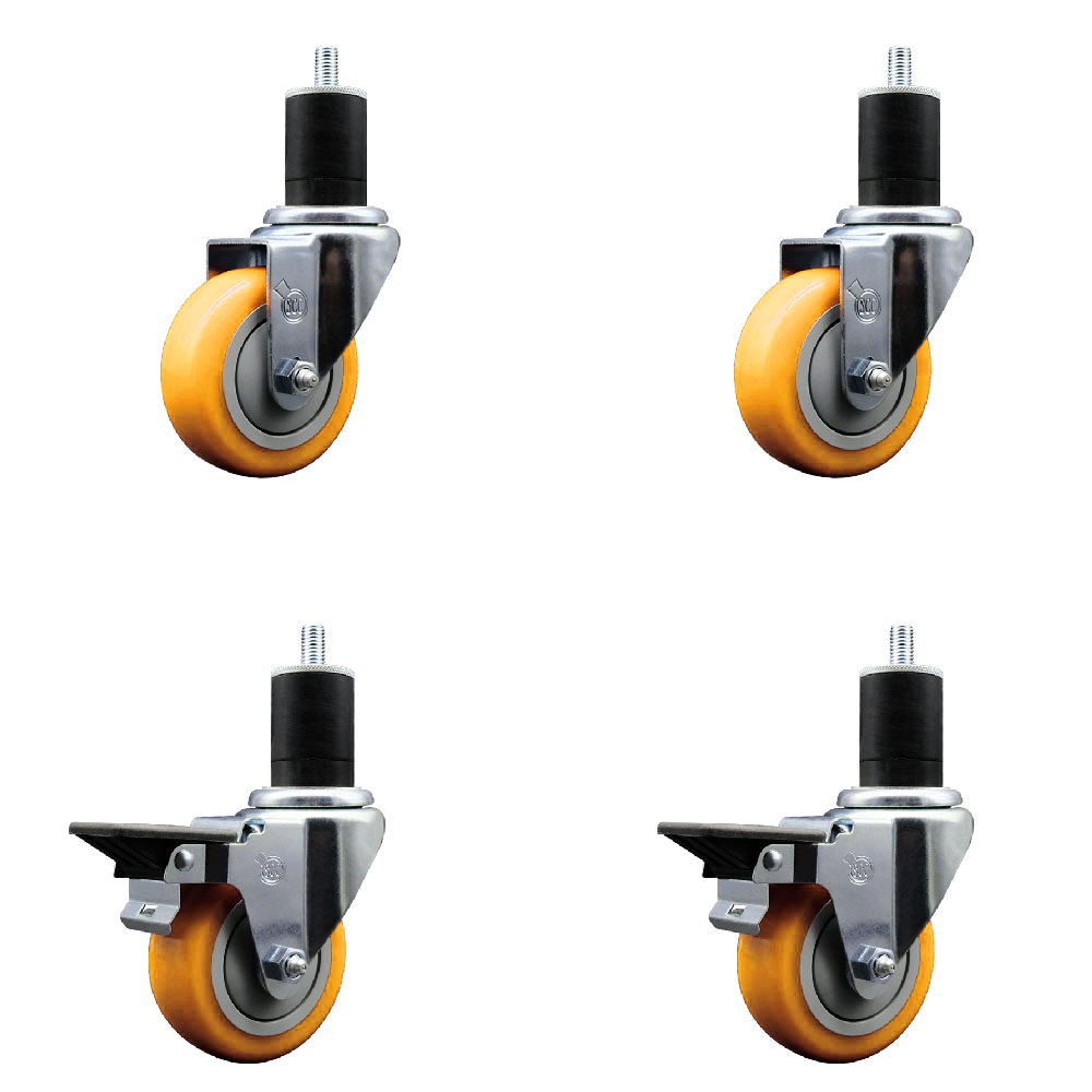 Polyurethane Swivel Expanding Stem Caster Set of 4 with 3.5 Inch Yellow Wheels and 1-3/4" Stems - Includes 2 with Posi Locking Brakes - 1200 lbs Total Capacity - Service Caster Brand — photo 1