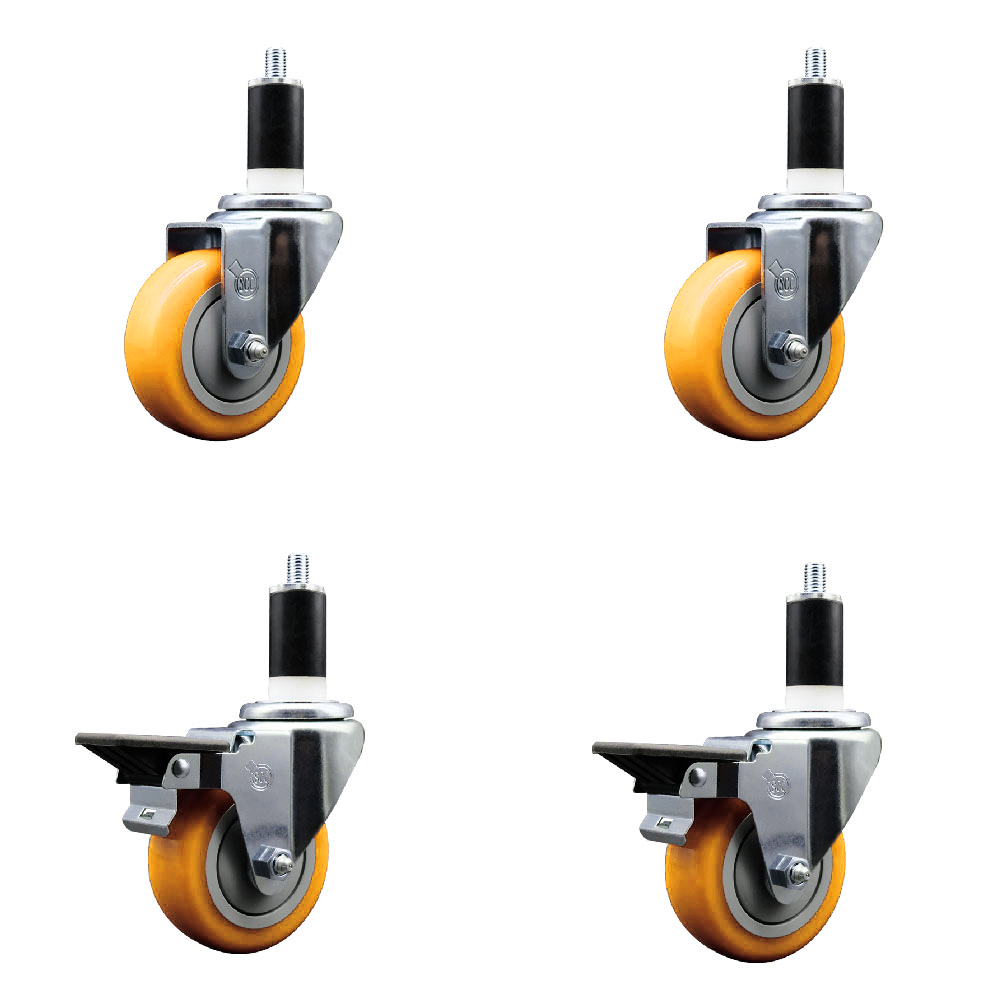 Polyurethane Swivel Expanding Stem Caster Set of 4 with 3.5 Inch Yellow Wheels and 1-3/8" Stems - Includes 2 with Posi Locking Brakes - 1200 lbs Total Capacity - Service Caster Brand — photo 1