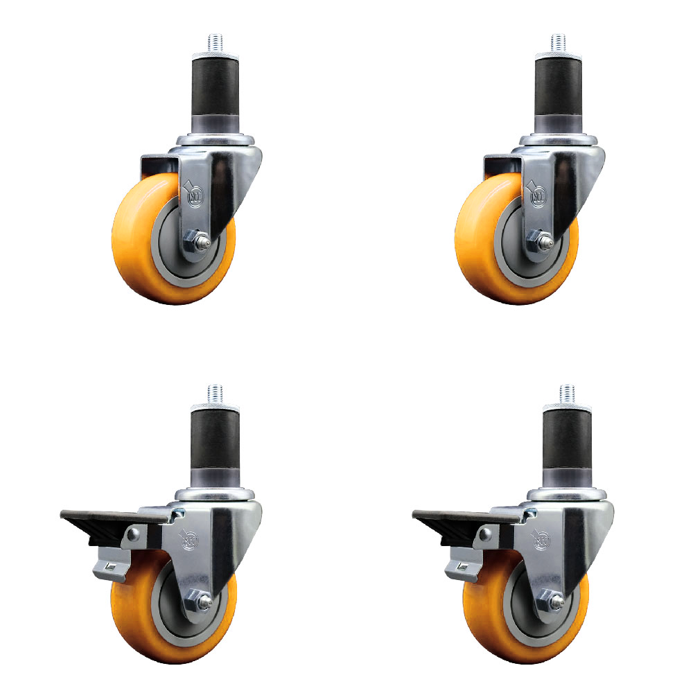 Polyurethane Swivel Expanding Stem Caster Set of 4 with 3.5 Inch Yellow Wheels and 1-5/8" Stems - Includes 2 with Posi Locking Brakes - 1200 lbs Total Capacity - Service Caster Brand — photo 1