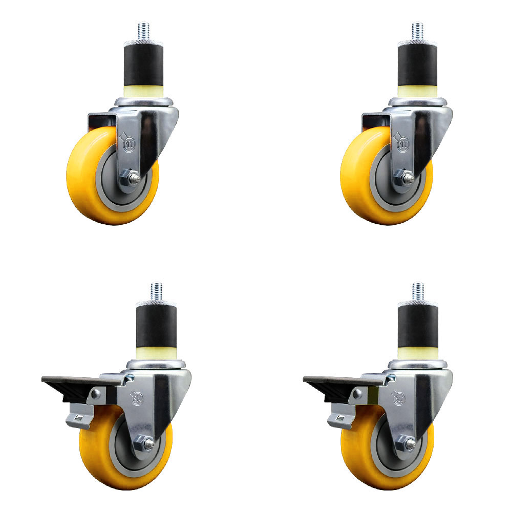 Polyurethane Swivel Expanding Stem Caster Set of 4 with 3.5 Inch Yellow Wheels and 1-7/8" Stems - Includes 2 with Posi Locking Brakes - 1200 lbs Total Capacity - Service Caster Brand — photo 1
