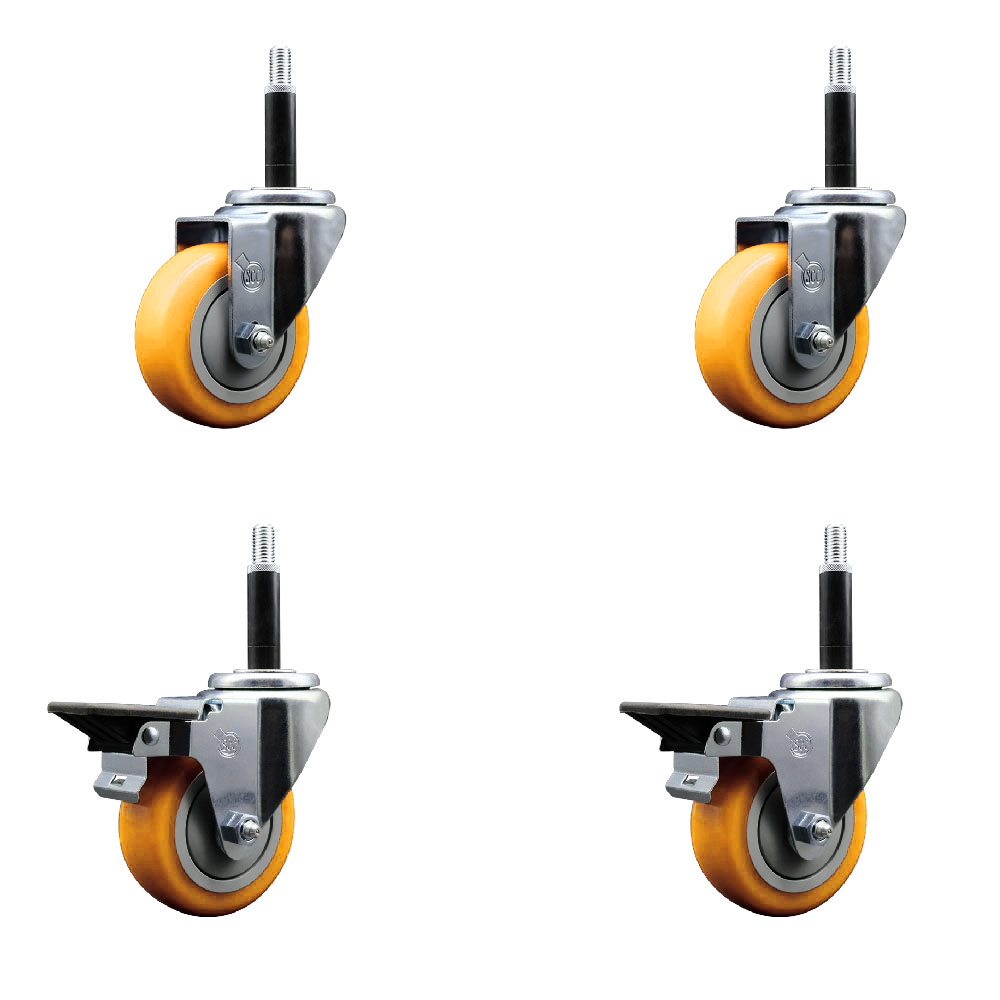 Polyurethane Swivel Expanding Stem Caster Set of 4 with 3.5 Inch Yellow Wheels and 3/4" Stems - Includes 2 with Posi Locking Brakes - 1200 lbs Total Capacity - Service Caster Brand — photo 1