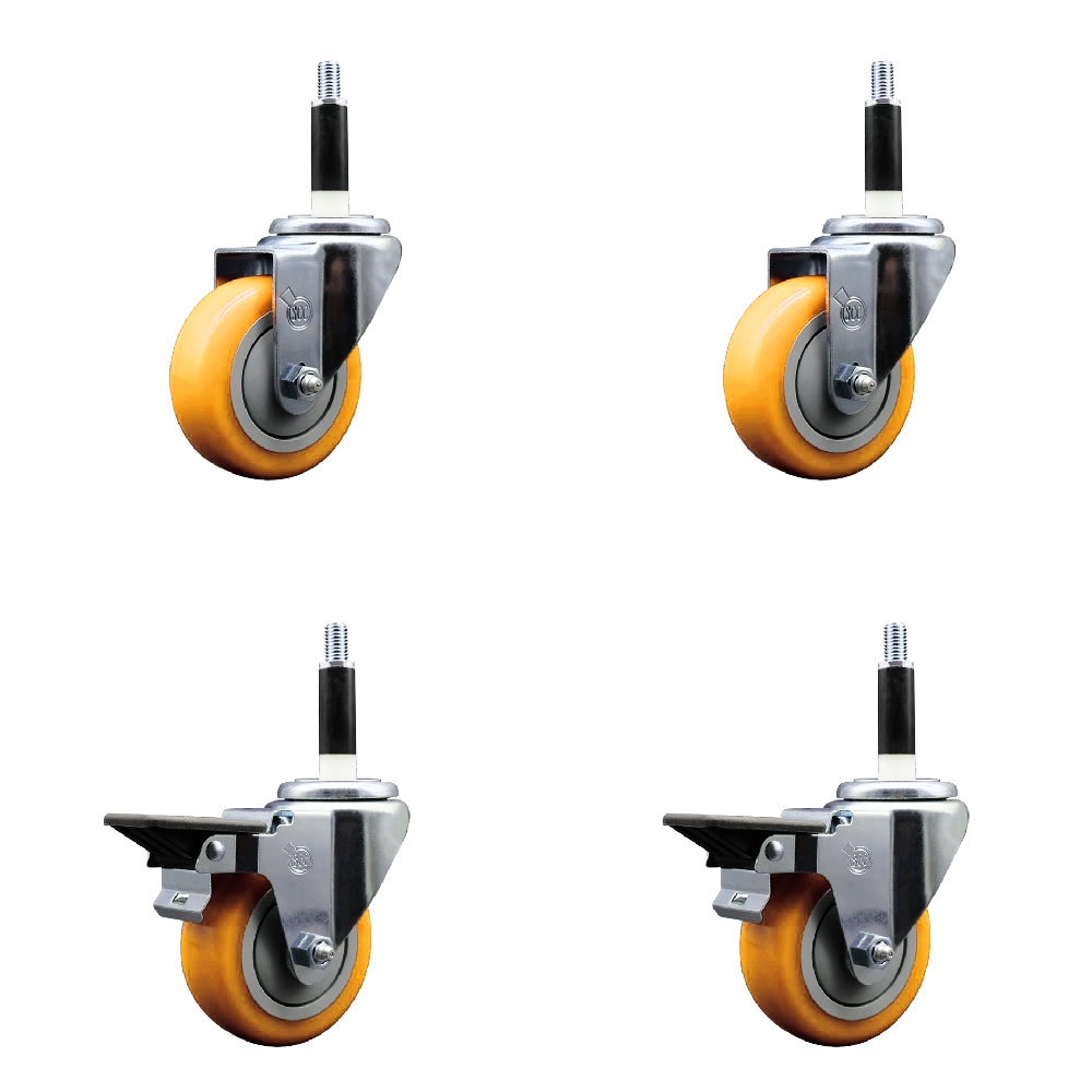 Polyurethane Swivel Expanding Stem Caster Set of 4 with 3.5 Inch Yellow Wheels and 7/8" Stems - Includes 2 with Posi Locking Brakes - 1200 lbs Total Capacity - Service Caster Brand — photo 1