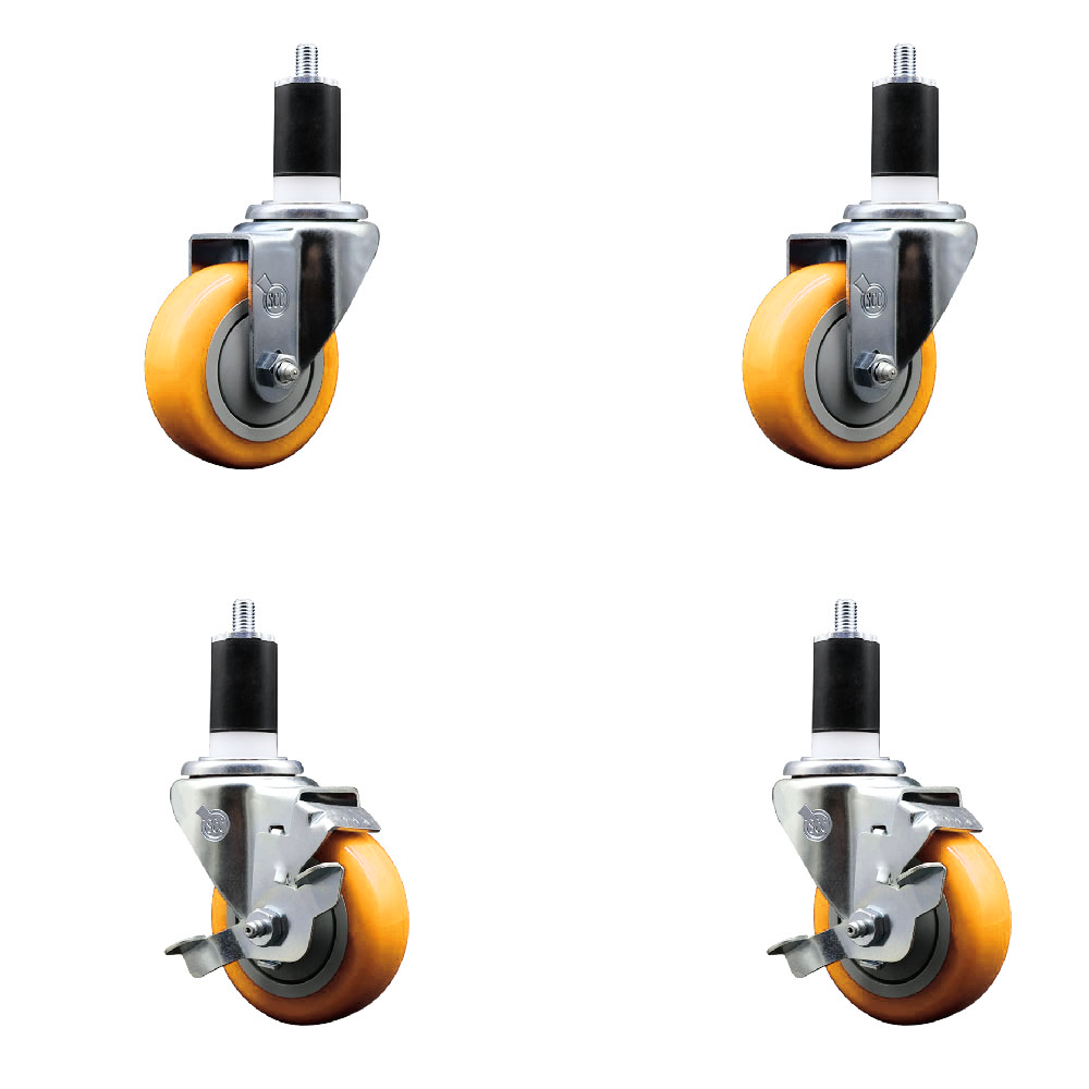 Stainless Steel Polyurethane Swivel Expanding Stem Caster Set of 4 with 3.5 Inch Yellow Wheels and 1-1/2" Stems - Includes 2 with Top Locking Brakes - 1200 lbs Total Capacity - Service Caster Brand — photo 1