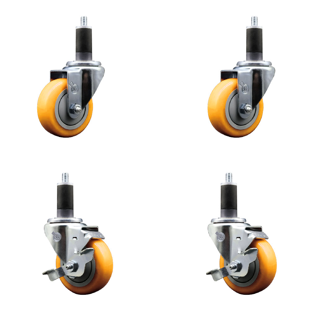 Stainless Steel Polyurethane Swivel Expanding Stem Caster Set of 4 with 3.5 Inch Yellow Wheels and 1-1/4" Stems - Includes 2 with Top Locking Brakes - 1200 lbs Total Capacity - Service Caster Brand — photo 1