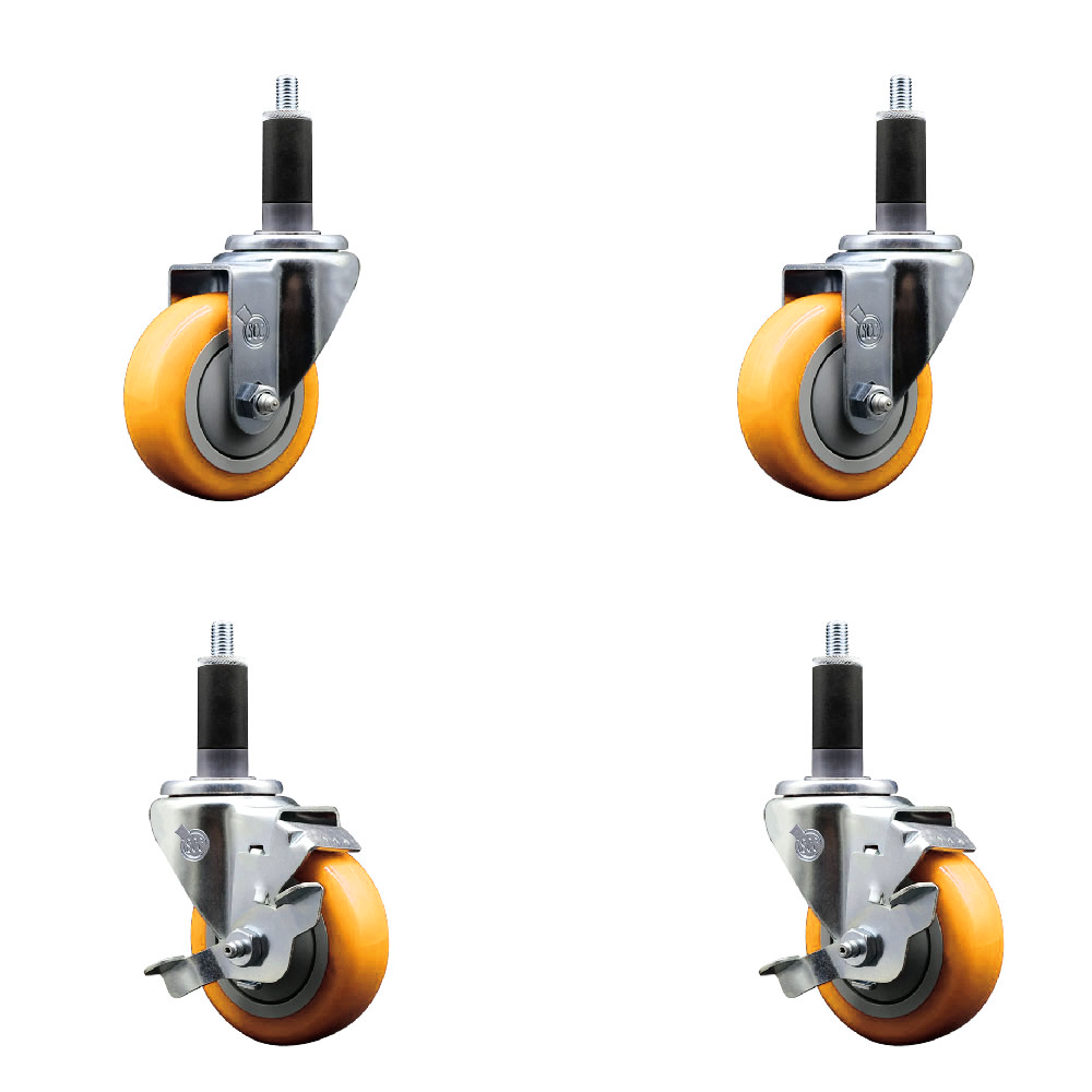 Stainless Steel Polyurethane Swivel Expanding Stem Caster Set of 4 with 3.5 Inch Yellow Wheels and 1-1/8" Stems - Includes 2 with Top Locking Brakes - 1200 lbs Total Capacity - Service Caster Brand — photo 1