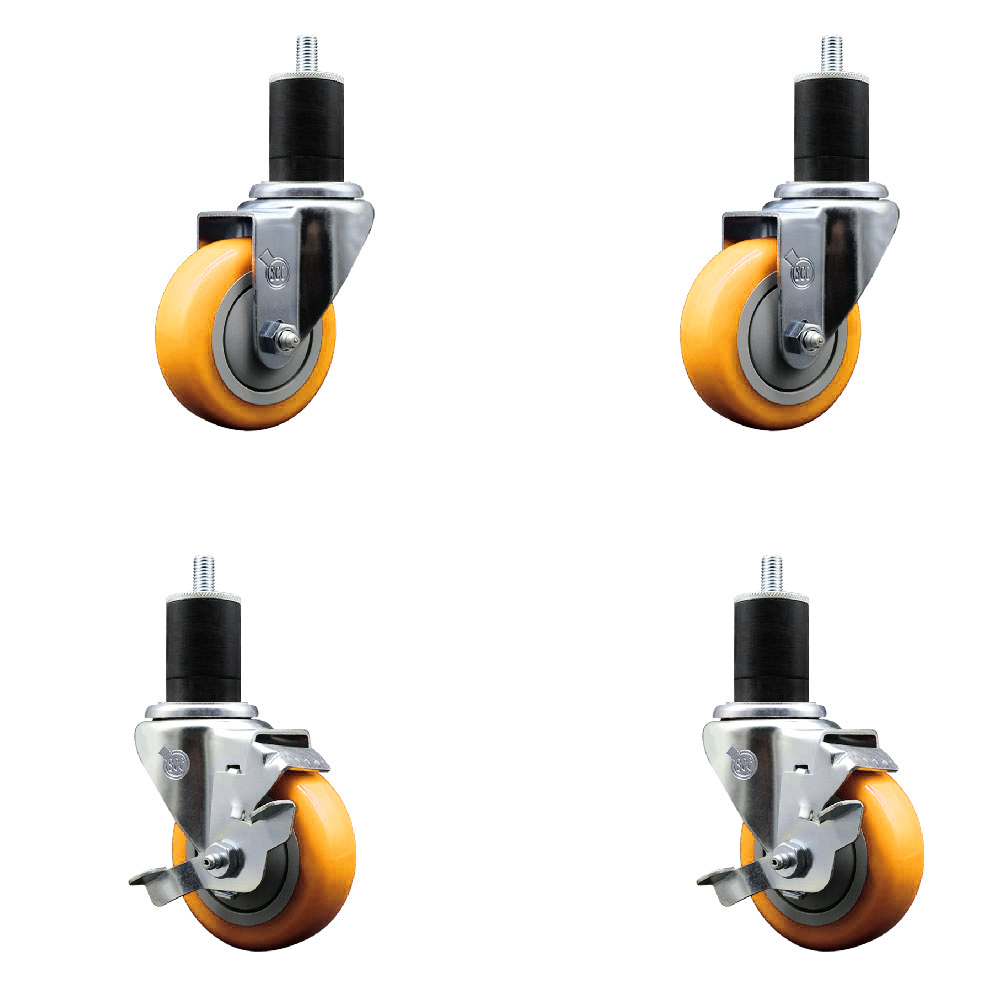 Polyurethane Swivel Expanding Stem Caster Set of 4 with 3.5 Inch Yellow Wheels and 1-3/4" Stems - Includes 2 with Top Locking Brakes - 1200 lbs Total Capacity - Service Caster Brand — photo 1