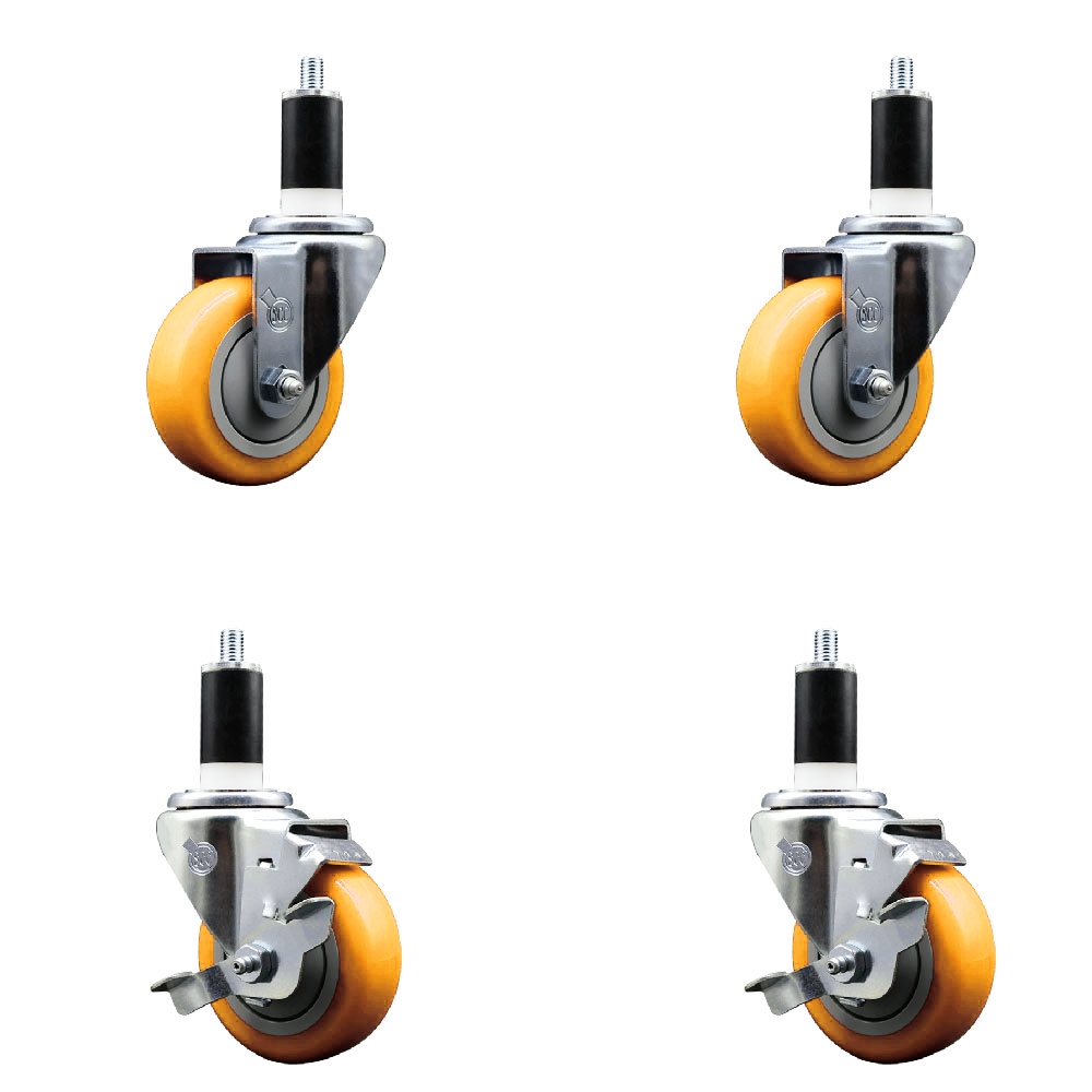 Stainless Steel Polyurethane Swivel Expanding Stem Caster Set of 4 with 3.5 Inch Yellow Wheels and 1-3/8" Stems - Includes 2 with Top Locking Brakes - 1200 lbs Total Capacity - Service Caster Brand — photo 1