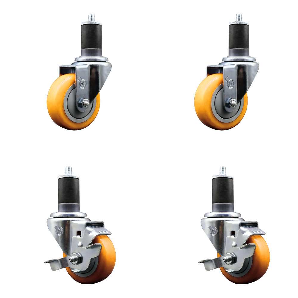 Stainless Steel Polyurethane Swivel Expanding Stem Caster Set of 4 with 3.5 Inch Yellow Wheels and 1-5/8" Stems - Includes 2 with Top Locking Brakes - 1200 lbs Total Capacity - Service Caster Brand — photo 1