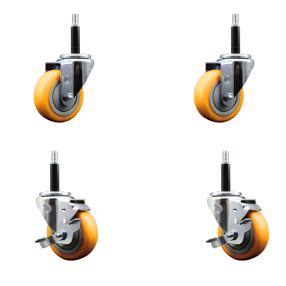 Stainless Steel Polyurethane Swivel Expanding Stem Caster Set of 4 with 3.5 Inch Yellow Wheels and 3/4" Stems - Includes 2 with Top Locking Brakes - 1200 lbs Total Capacity - Service Caster Brand — photo 1