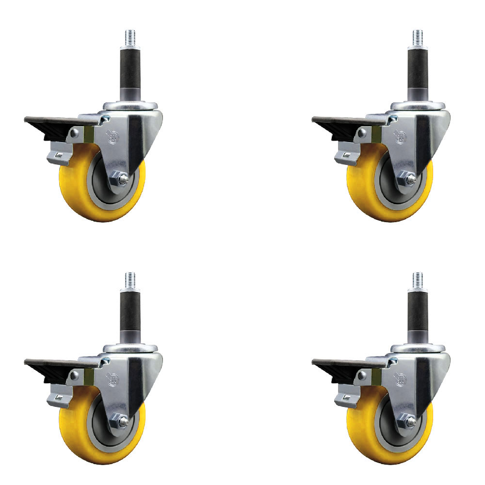 Polyurethane Swivel Expanding Stem Caster Set of 4 with 3.5 Inch Yellow Wheels and 1" Stems - Includes 4 Swivel with Posi Locking Brakes - 300 lbs. Capacity Per Caster - Service Caster Brand — photo 1