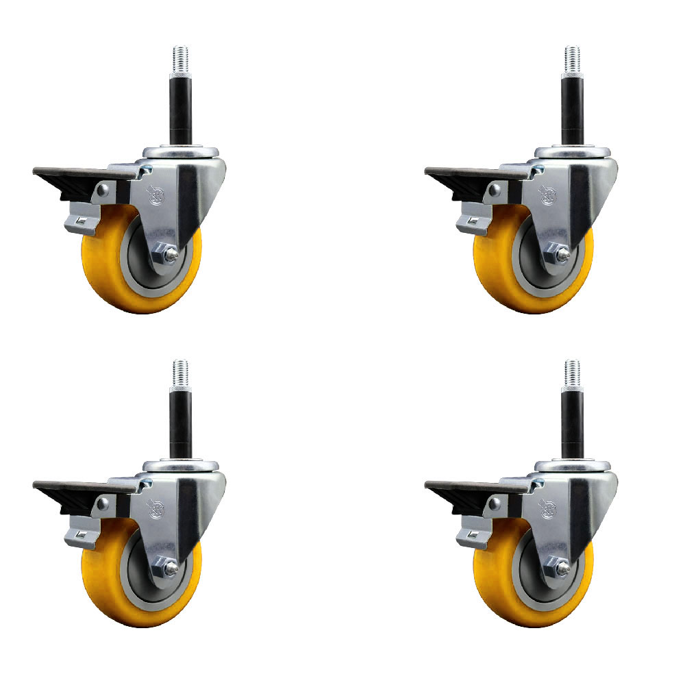 Polyurethane Swivel Expanding Stem Caster Set of 4 with 3.5 Inch Yellow Wheels and 3/4" Stems - Includes 4 Swivel with Posi Locking Brakes - 300 lbs. Capacity Per Caster - Service Caster Brand — photo 1