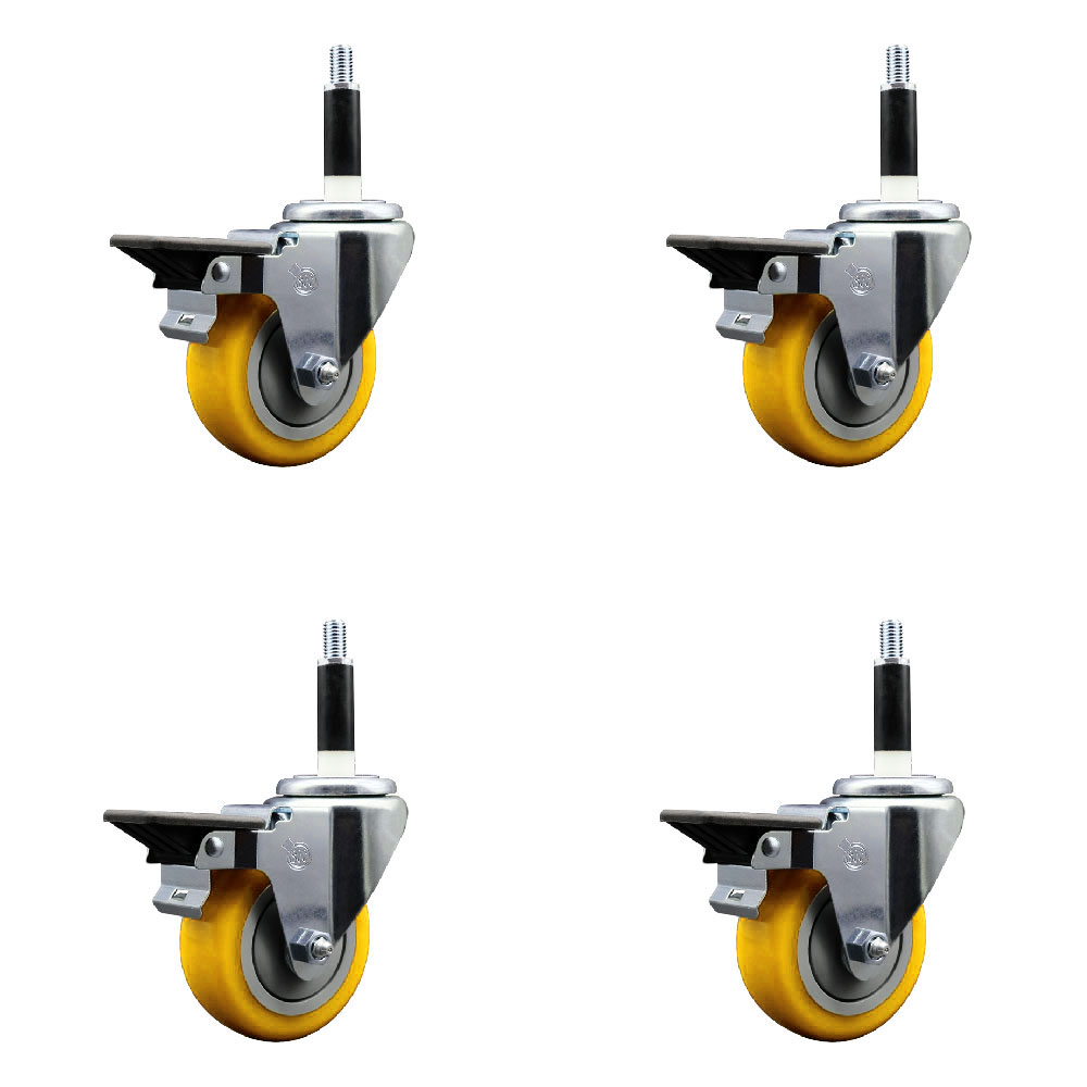 Polyurethane Swivel Expanding Stem Caster Set of 4 with 3.5 Inch Yellow Wheels and 7/8" Stems - Includes 4 Swivel with Posi Locking Brakes - 300 lbs. Capacity Per Caster - Service Caster Brand — photo 1