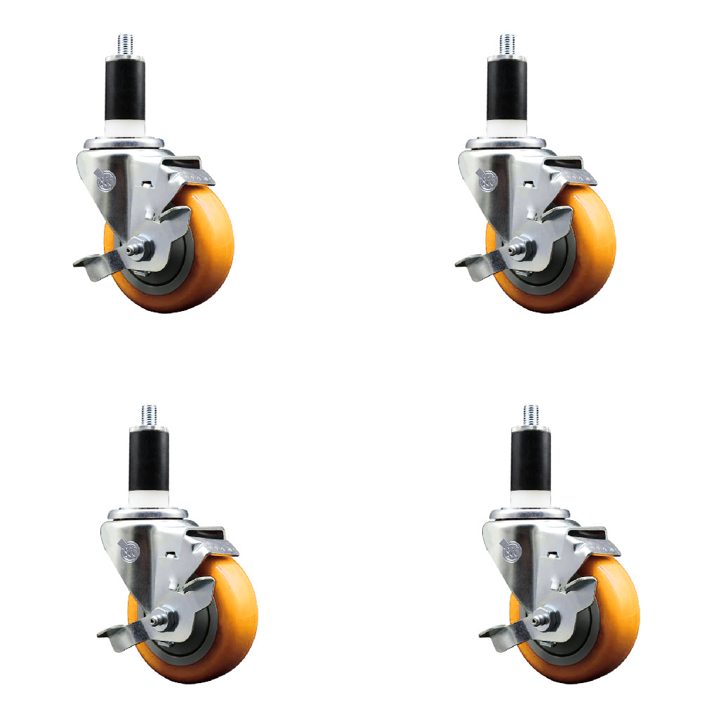 Stainless Steel Polyurethane Swivel Expanding Stem Caster Set of 4 with 3.5 Inch Yellow Wheels and 1-3/8" Stems-Include 4 Swivel with Top Locking Brake-300lbs. Capacity Per Caster-Service Caster Brand — photo 1