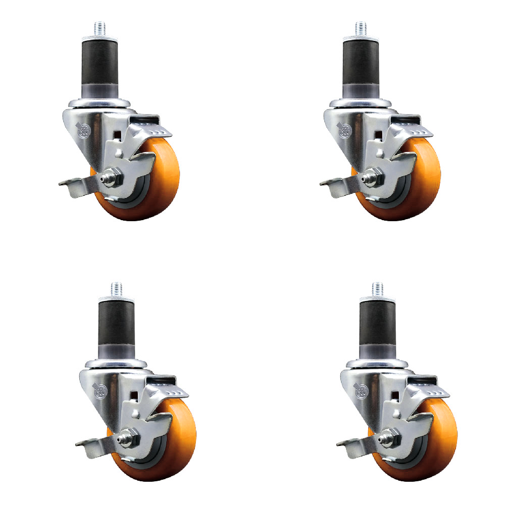 Stainless Steel Polyurethane Swivel Expanding Stem Caster Set of 4 with 4 Inch Yellow Wheels and 1-1/4" Stems - Includes 2 with Top Locking Brakes - 1400 lbs Total Capacity - Service Caster Brand — photo 1