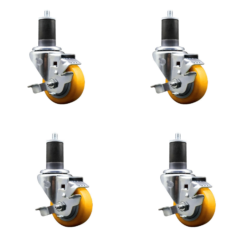 Stainless Steel Polyurethane Swivel Expanding Stem Caster Set of 4 with 3.5 Inch Yellow Wheels and 1-5/8" Stems-Include 4 Swivel with Top Locking Brake-300lbs. Capacity Per Caster-Service Caster Brand — photo 1