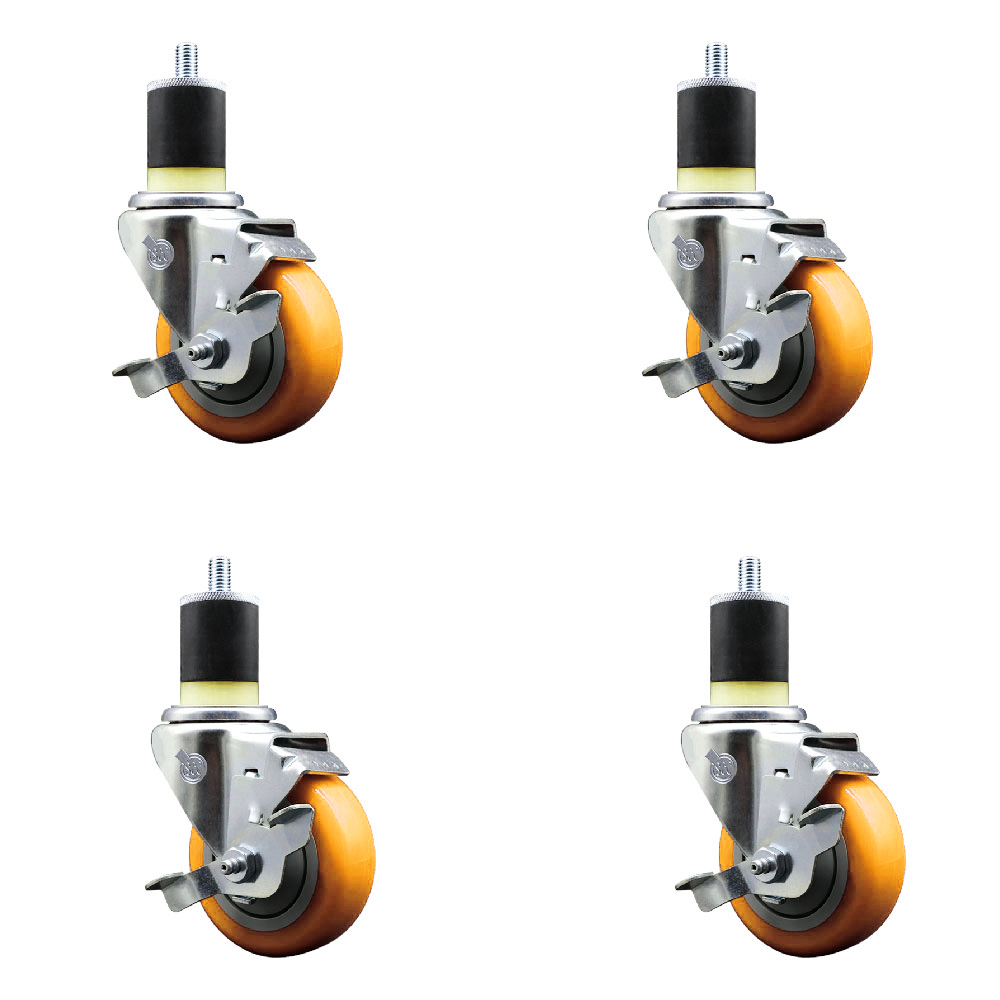 Stainless Steel Polyurethane Swivel Expanding Stem Caster Set of 4 with 3.5 Inch Yellow Wheels and 1-7/8" Stems-Include 4 Swivel with Top Locking Brake-300lbs. Capacity Per Caster-Service Caster Brand — photo 1