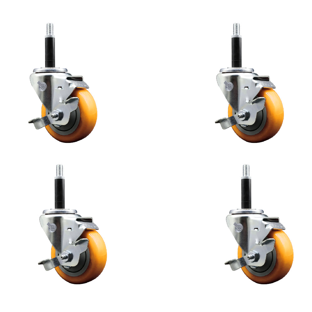 Stainless Steel Polyurethane Swivel Expanding Stem Caster Set of 4 with 3.5 Inch Yellow Wheels and 3/4" Stems-Includes 4 Swivel with Top Locking Brakes-300lbs. Capacity Per Caster-Service Caster Brand — photo 1