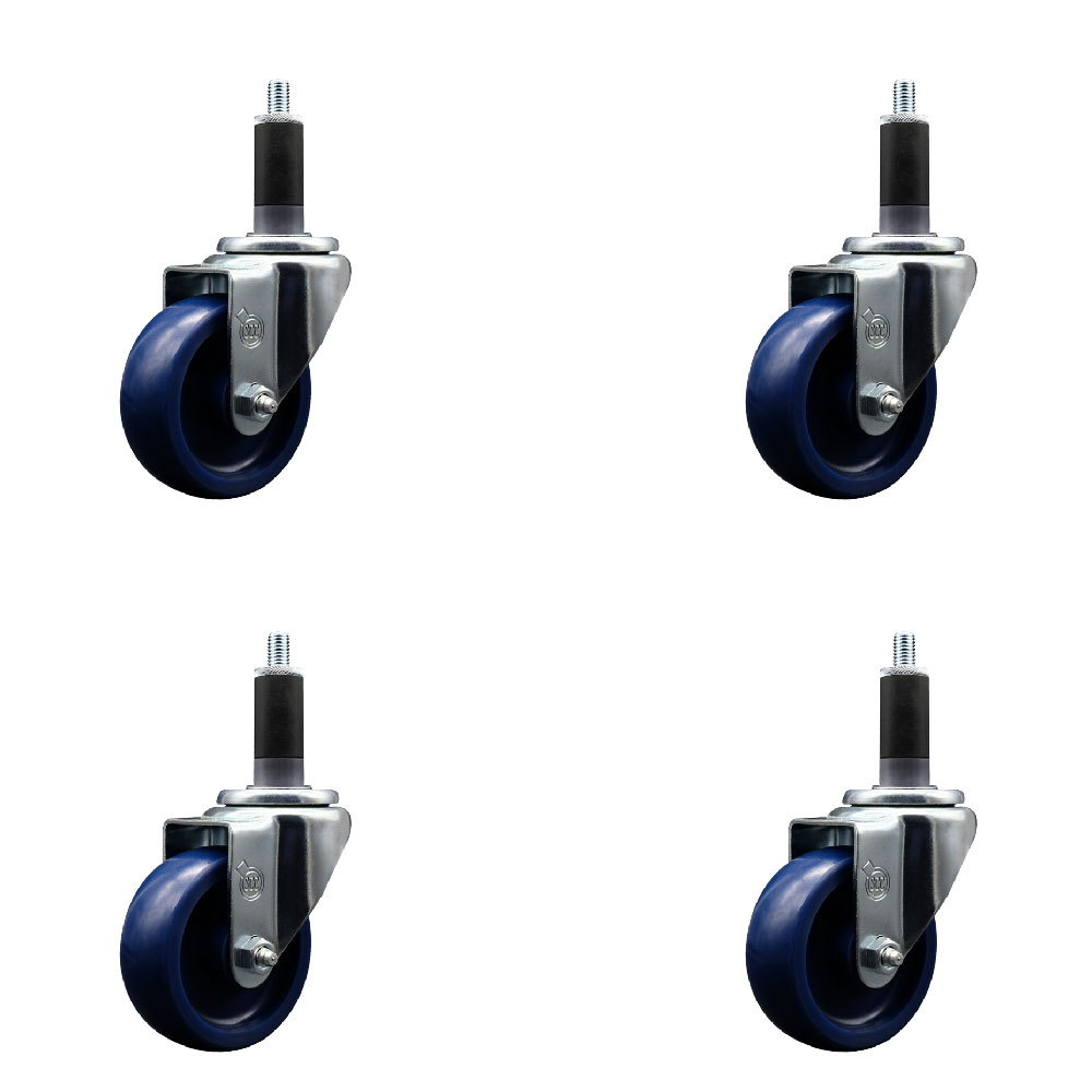 Stainless Steel Solid Polyurethane Swivel Expanding Stem Caster Set of 4 with 3.5 Inch Blue Wheels and 1-1/8" Stems - Includes 4 Swivel - 300 lbs. Capacity Per Caster - Service Caster Brand — photo 1